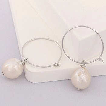 Wholesale Popular Circle Earrings for Women S925 Silver Baroque Pearl Geometric Ring Ear Buckle Earrings