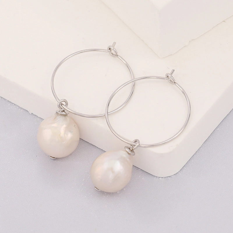 Wholesale Popular Circle Earrings for Women S925 Silver Baroque Pearl Geometric Ring Ear Buckle Earrings