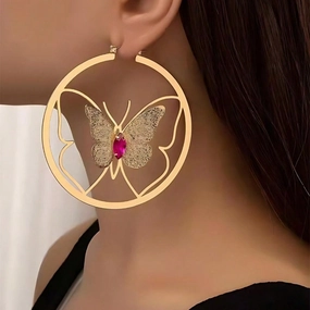 Wholesale Popular Circular Hollow Butterfly Paired with Green Imitation Diamond Commuting Exaggerated Earrings