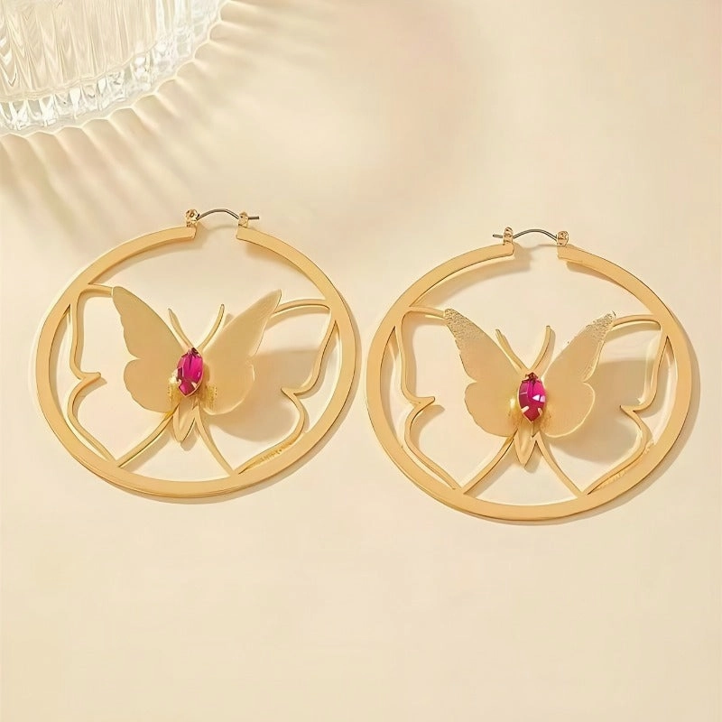 Wholesale Popular Circular Hollow Butterfly Paired with Green Imitation Diamond Commuting Exaggerated Earrings