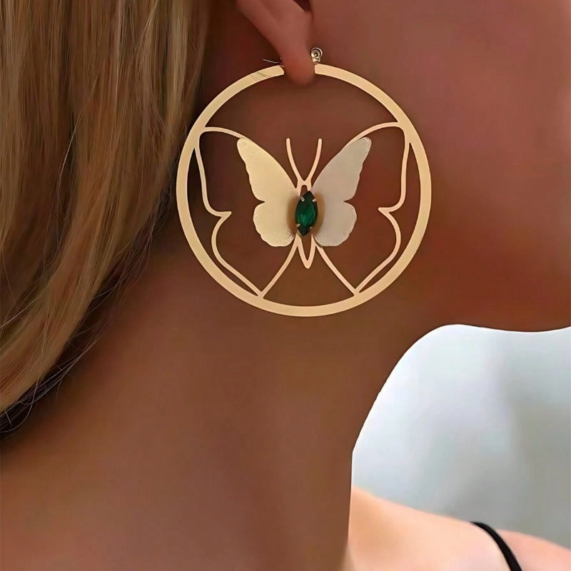 Wholesale Popular Circular Hollow Butterfly Paired with Green Imitation Diamond Commuting Exaggerated Earrings