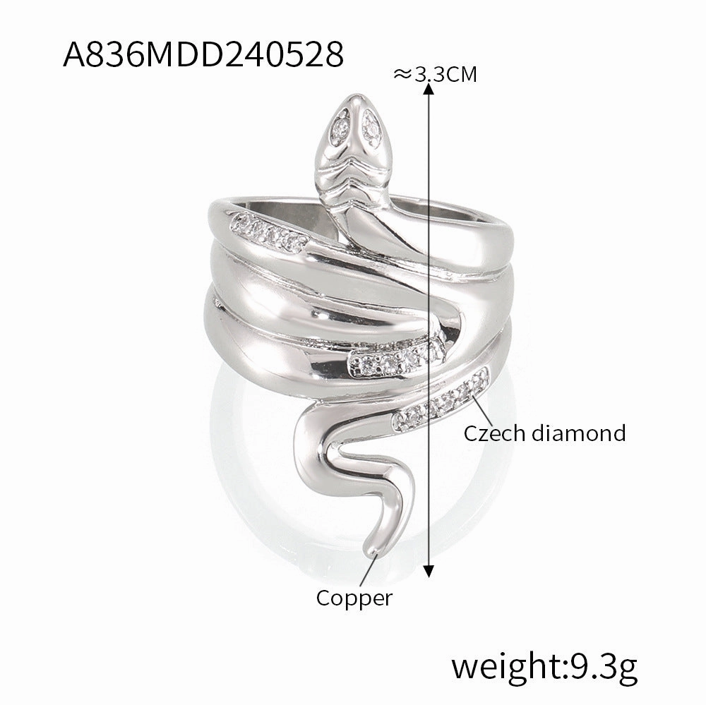 Wholesale Popular Copper Plated Real Gold Diamond Snake Ring for Couple Niche All-match Personalized Ins Opening Light Luxury Ring