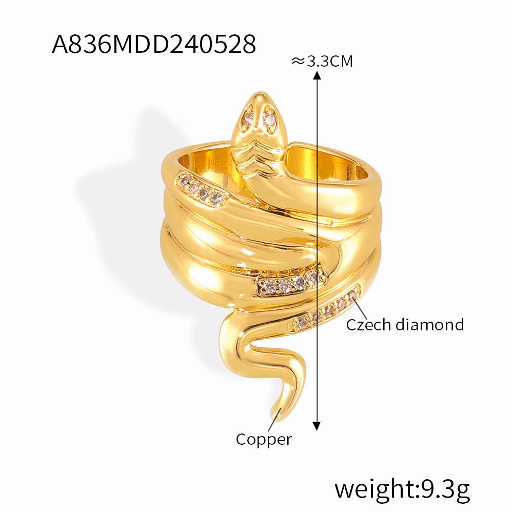 Wholesale Popular Copper Plated Real Gold Diamond Snake Ring for Couple Niche All-match Personalized Ins Opening Light Luxury Ring