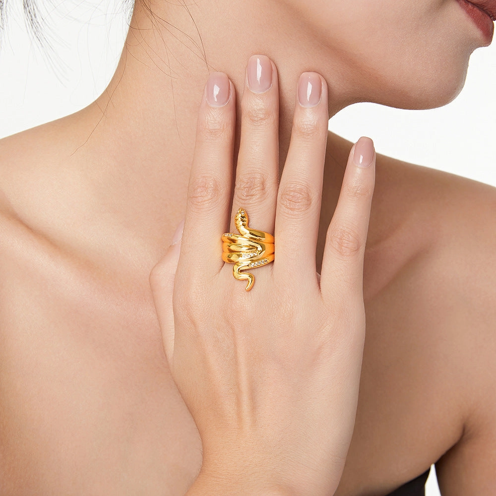 Wholesale Popular Copper Plated Real Gold Diamond Snake Ring for Couple Niche All-match Personalized Ins Opening Light Luxury Ring