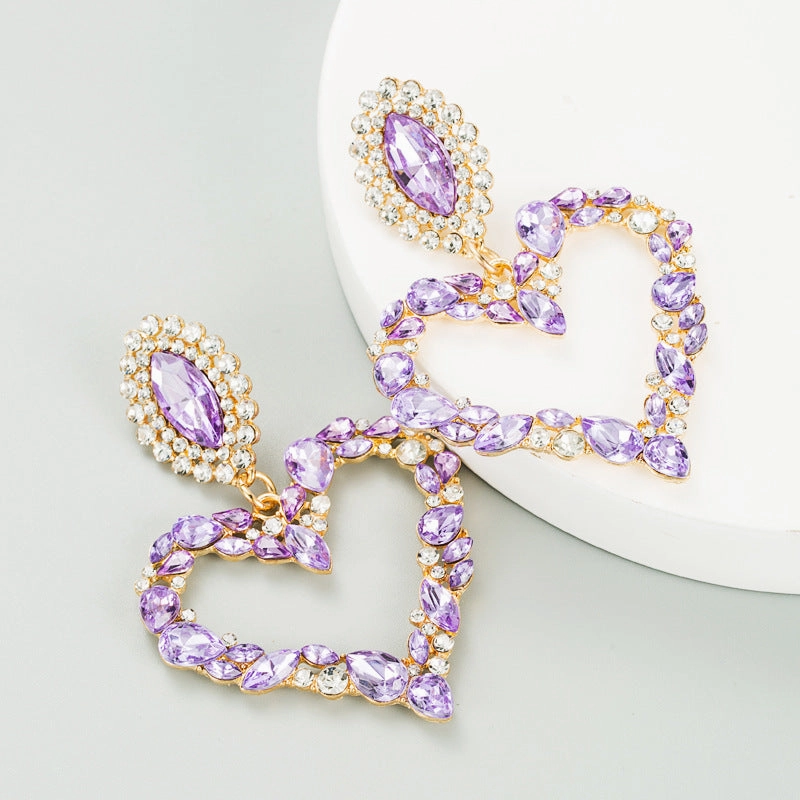 Wholesale Popular Heart-shaped Alloy Inlaid with Colored Diamonds Retro Temperament Exaggerated Super Shiny Full Diamond Earrings