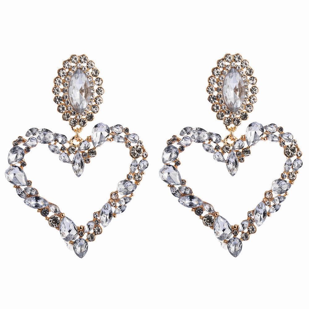 Wholesale Popular Heart-shaped Alloy Inlaid with Colored Diamonds Retro Temperament Exaggerated Super Shiny Full Diamond Earrings