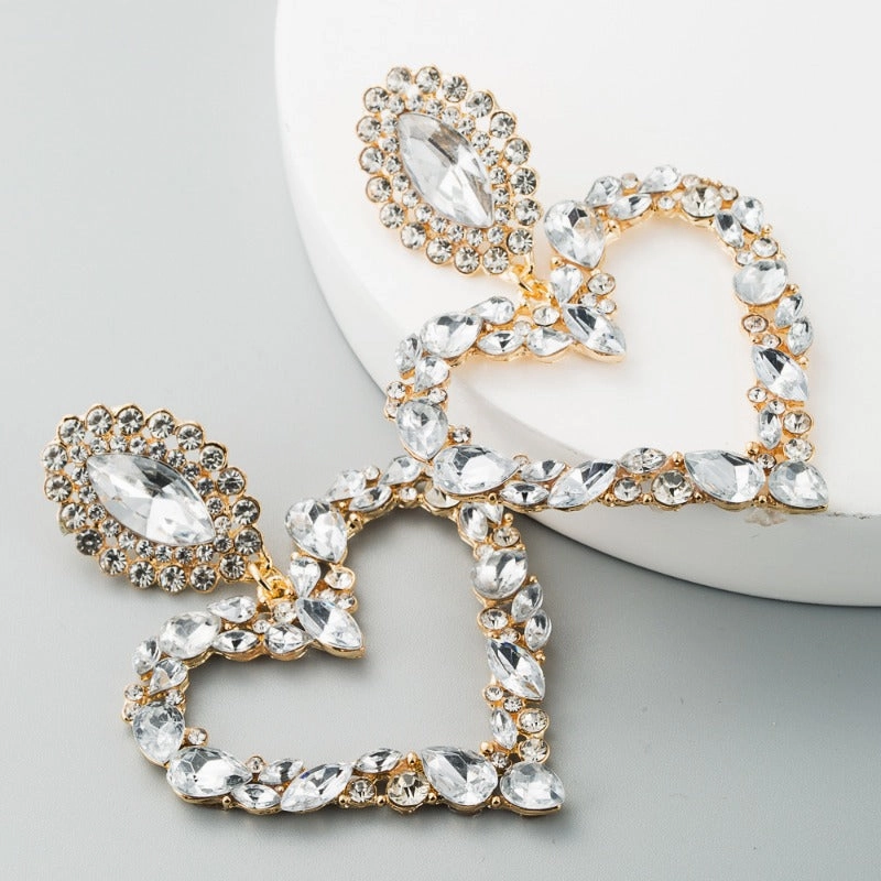 Wholesale Popular Heart-shaped Alloy Inlaid with Colored Diamonds Retro Temperament Exaggerated Super Shiny Full Diamond Earrings