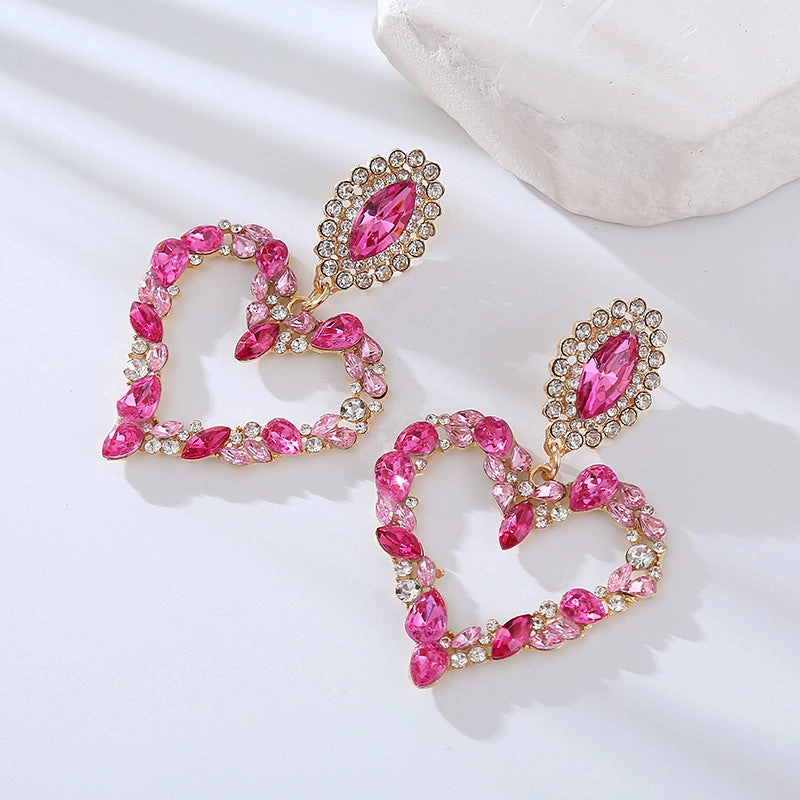 Wholesale Popular Heart-shaped Alloy Inlaid with Colored Diamonds Retro Temperament Exaggerated Super Shiny Full Diamond Earrings