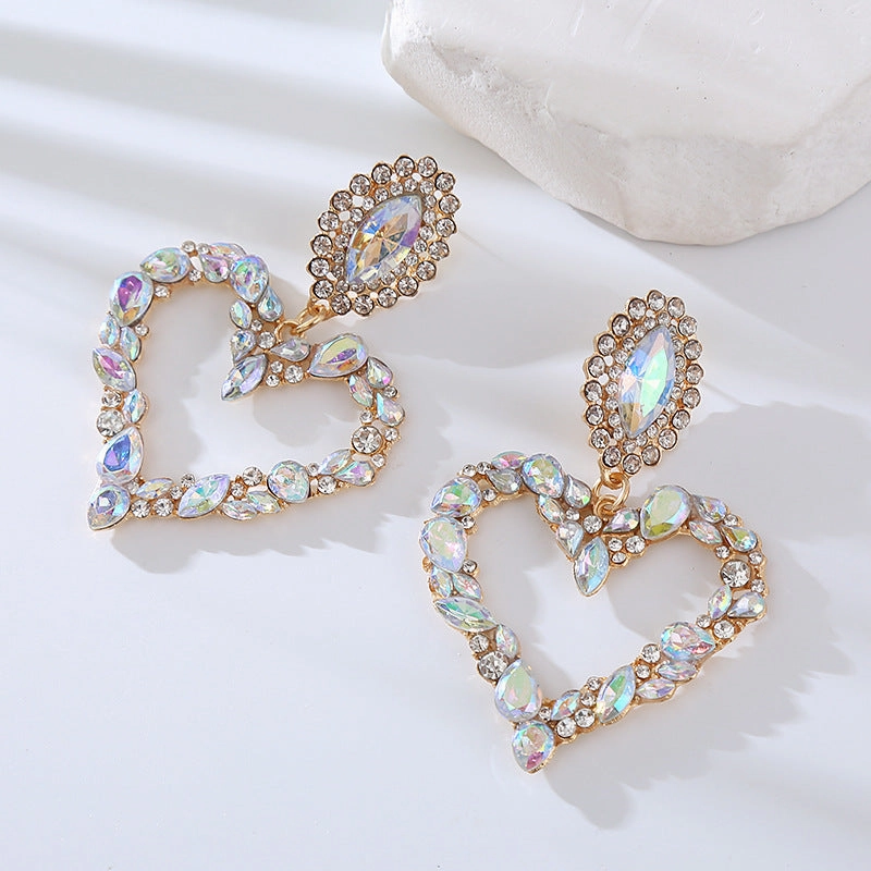 Wholesale Popular Heart-shaped Alloy Inlaid with Colored Diamonds Retro Temperament Exaggerated Super Shiny Full Diamond Earrings