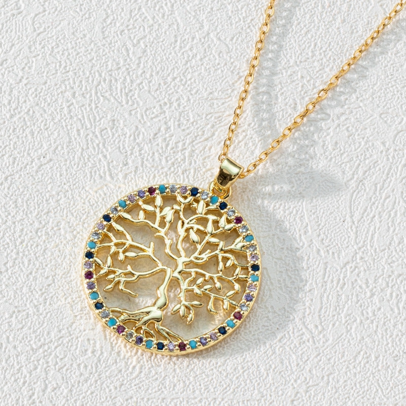 Wholesale Popular Round Hollow Tree of Life 18K Gold Plated Zircon Clavicle Chain