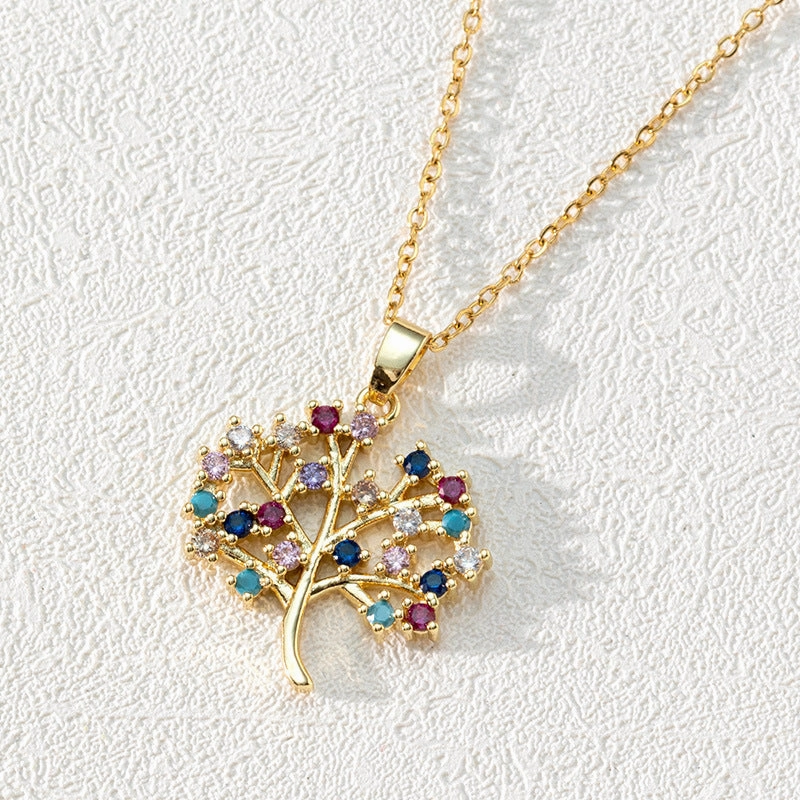Wholesale Popular Round Hollow Tree of Life 18K Gold Plated Zircon Clavicle Chain