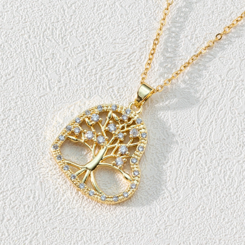 Wholesale Popular Round Hollow Tree of Life 18K Gold Plated Zircon Clavicle Chain