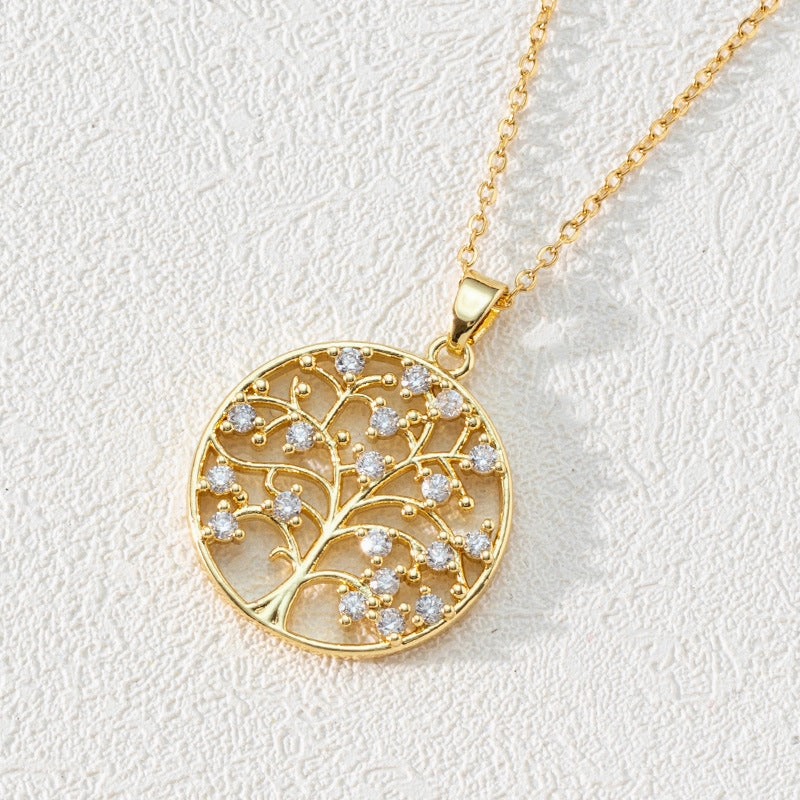 Wholesale Popular Round Hollow Tree of Life 18K Gold Plated Zircon Clavicle Chain
