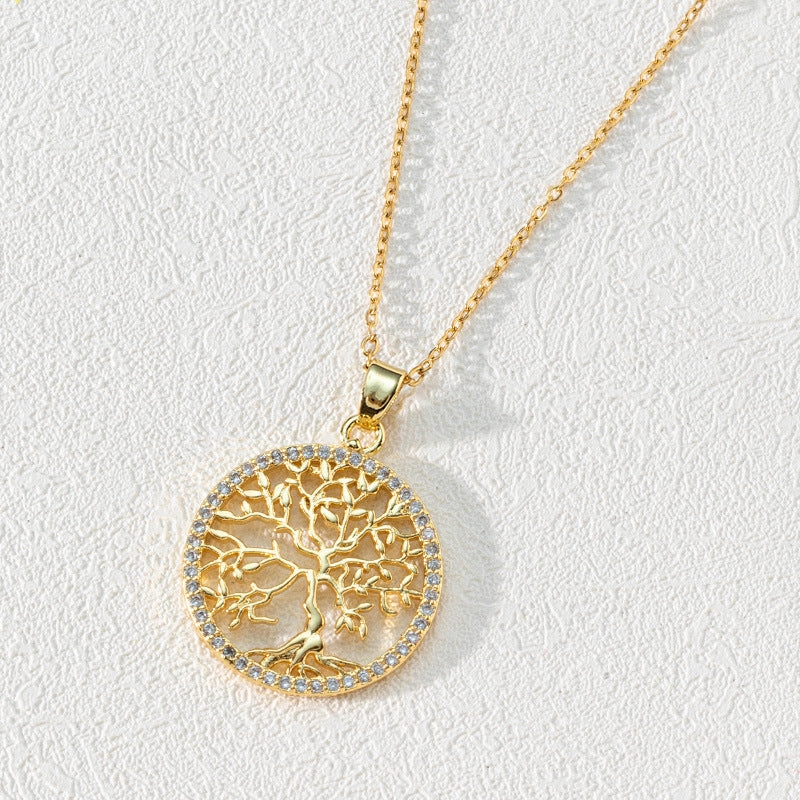 Wholesale Popular Round Hollow Tree of Life 18K Gold Plated Zircon Clavicle Chain