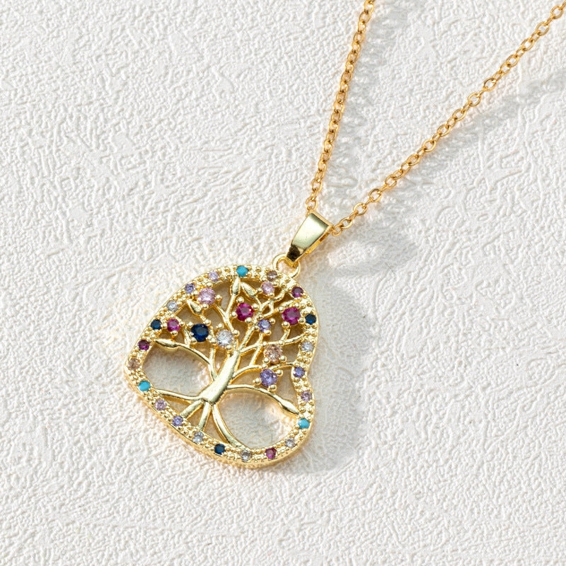 Wholesale Popular Round Hollow Tree of Life 18K Gold Plated Zircon Clavicle Chain