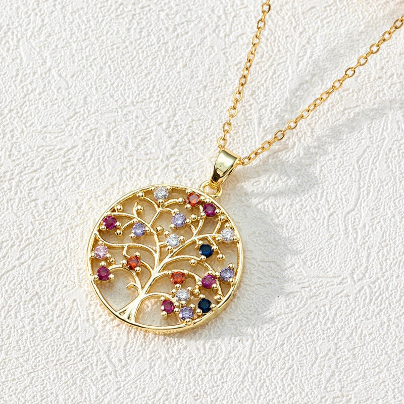 Wholesale Popular Round Hollow Tree of Life 18K Gold Plated Zircon Clavicle Chain