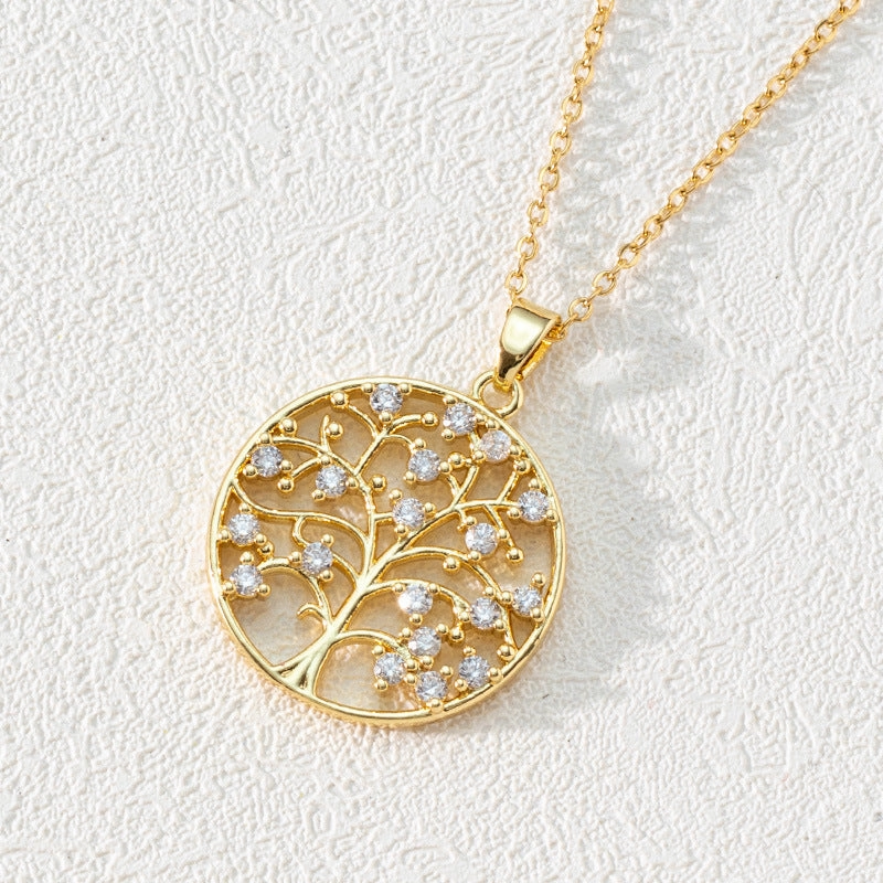 Wholesale Popular Round Hollow Tree of Life 18K Gold Plated Zircon Clavicle Chain