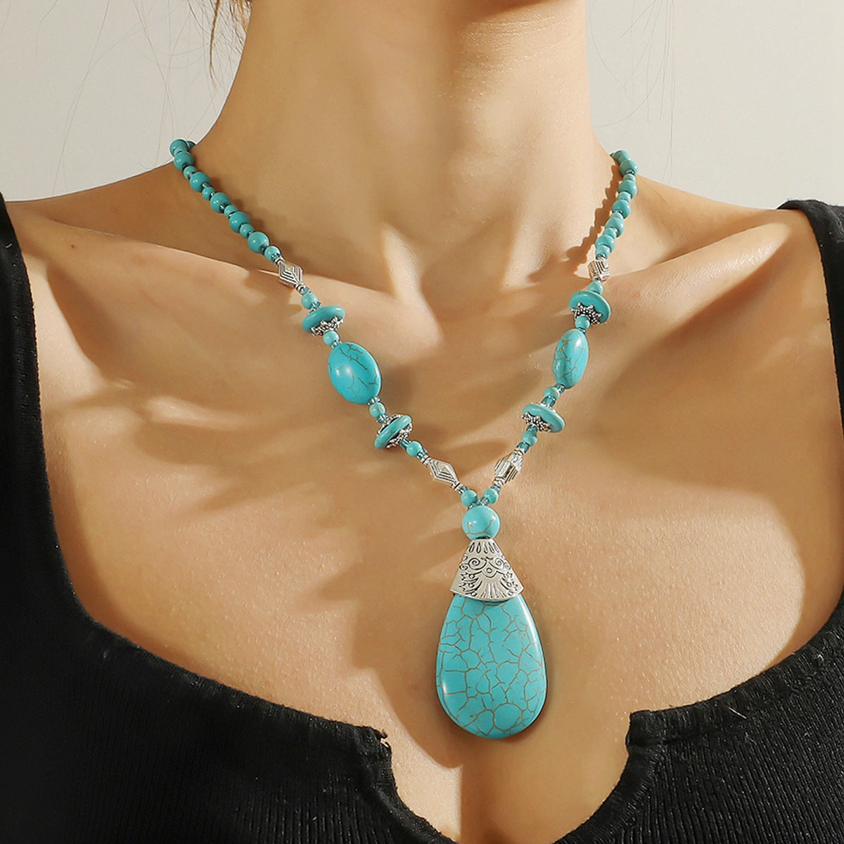 Wholesale Popular Vintage Pearl Pendant, Bohemian Ethnic Jewelry, Turquoise Necklace Earring Set