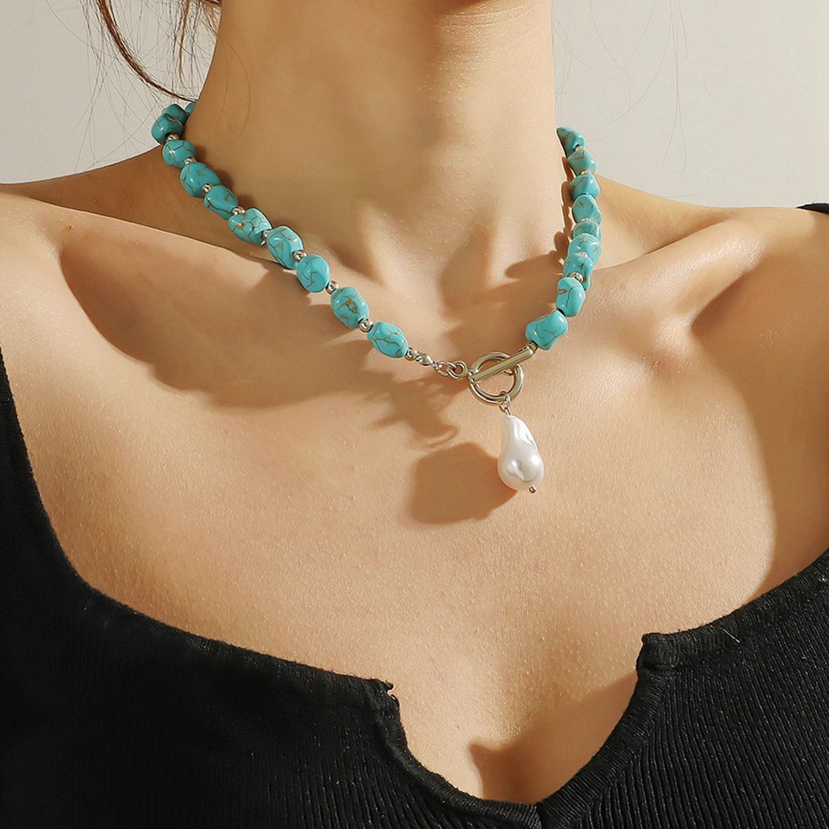 Wholesale Popular Vintage Pearl Pendant, Bohemian Ethnic Jewelry, Turquoise Necklace Earring Set