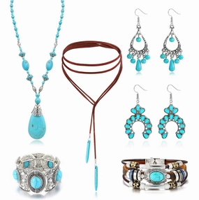 Wholesale Popular Vintage Pearl Pendant, Bohemian Ethnic Jewelry, Turquoise Necklace Earring Set