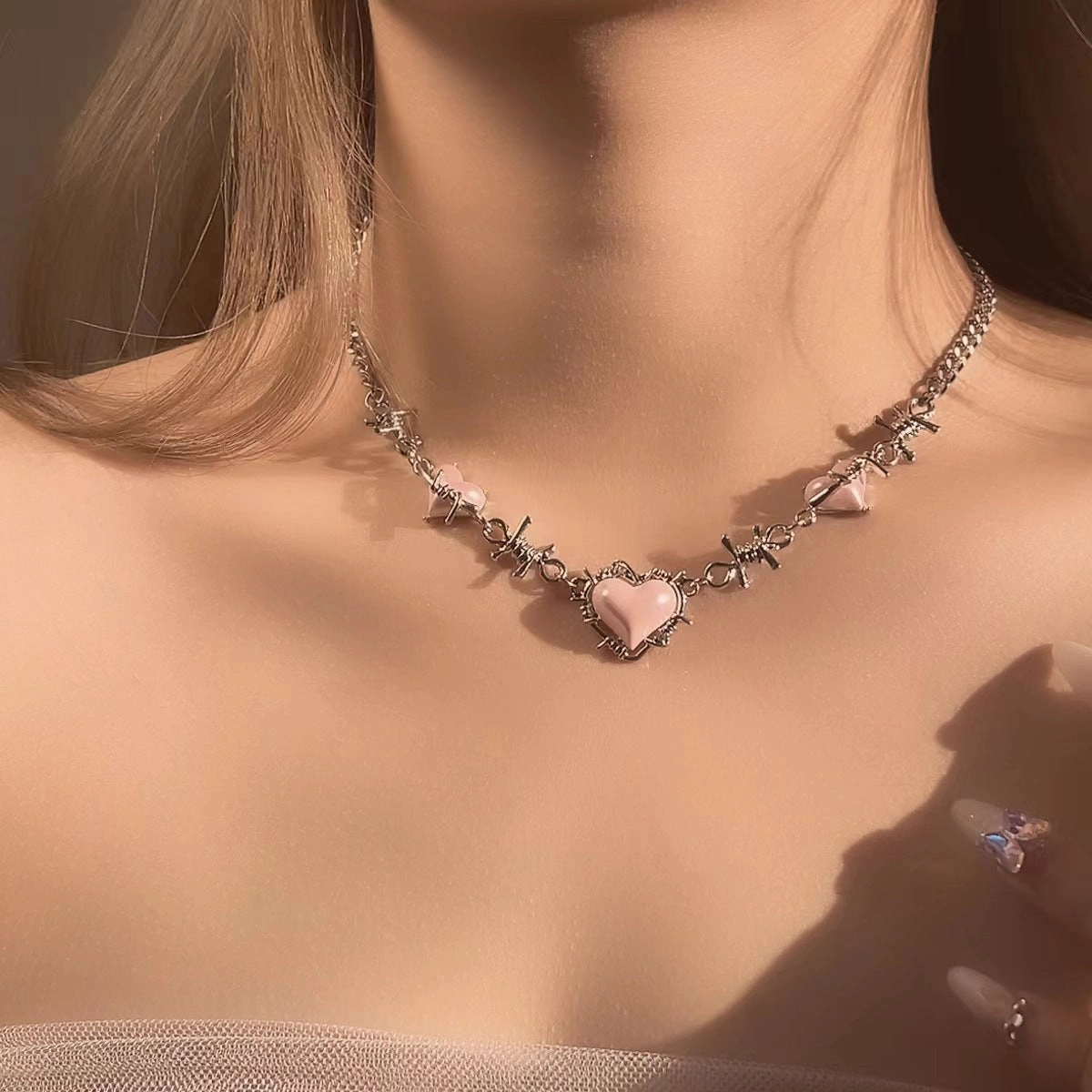Wholesale Puffed Heart Pink Sweet Cool Style Niche Thorn Hot Girl Light Luxury Clavicle Chain Necklace