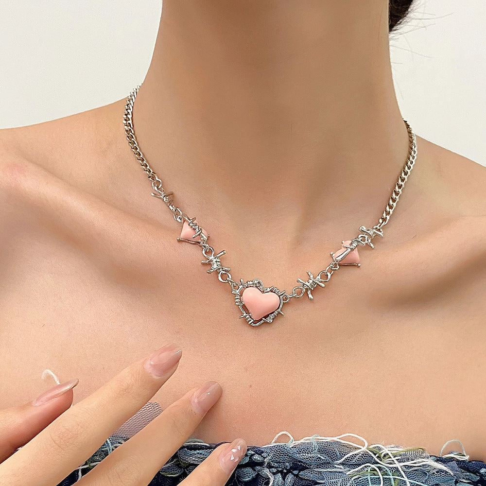 Wholesale Puffed Heart Pink Sweet Cool Style Niche Thorn Hot Girl Light Luxury Clavicle Chain Necklace