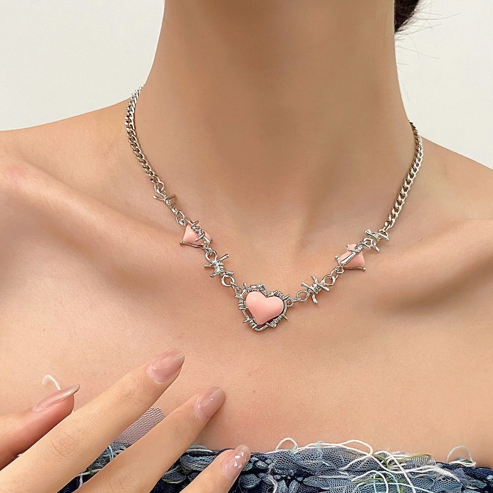Wholesale Puffed Heart Pink Sweet Cool Style Niche Thorn Hot Girl Light Luxury Clavicle Chain Necklace