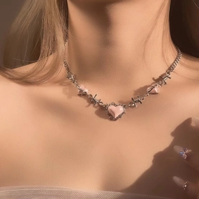 Wholesale Puffed Heart Pink Sweet Cool Style Niche Thorn Hot Girl Light Luxury Clavicle Chain Necklace
