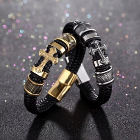 Wholesale Punk Braided Cross Men's Leather Bracelet