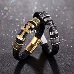 Wholesale Punk Braided Cross Men's Leather Bracelet