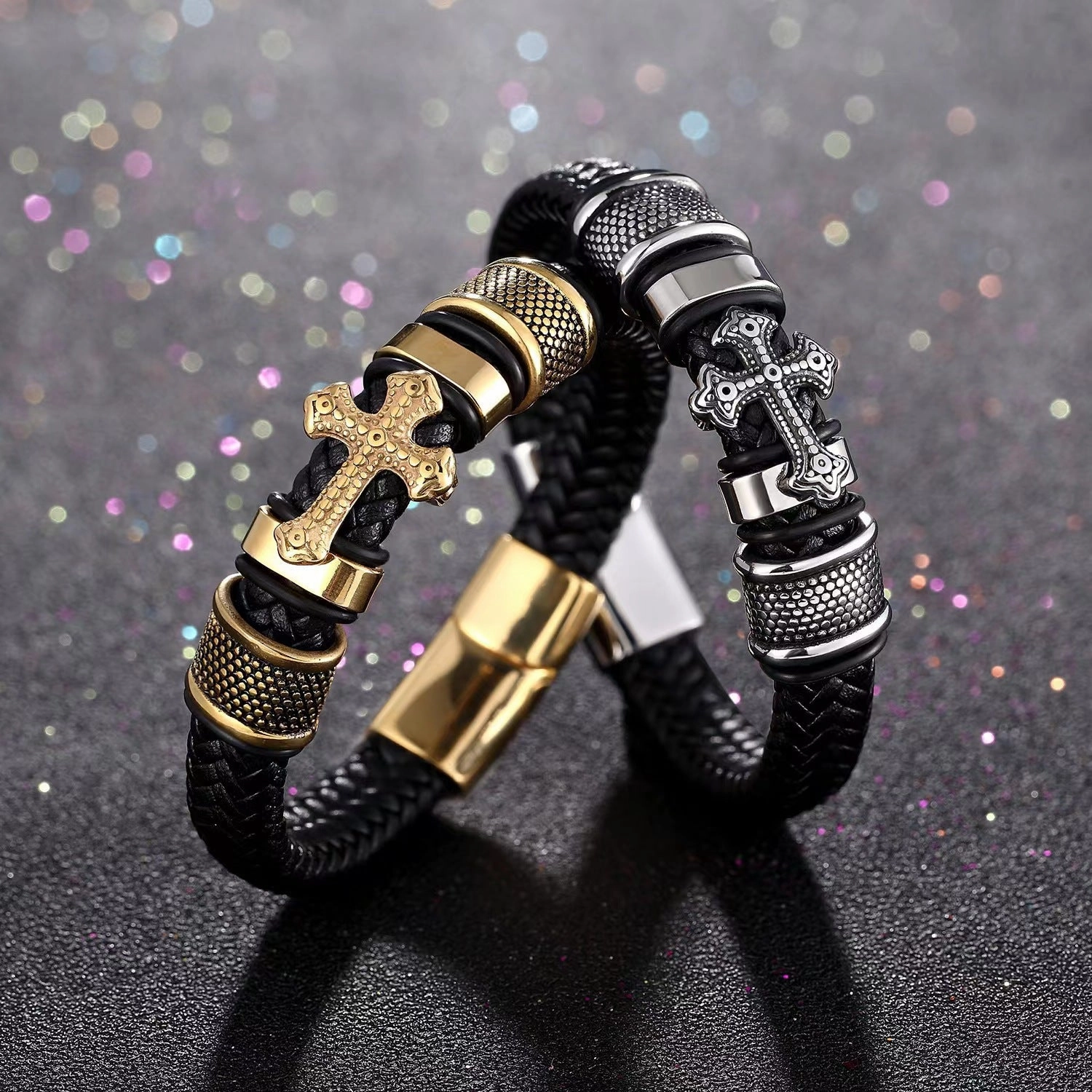 Wholesale Punk Braided Cross Men's Leather Bracelet