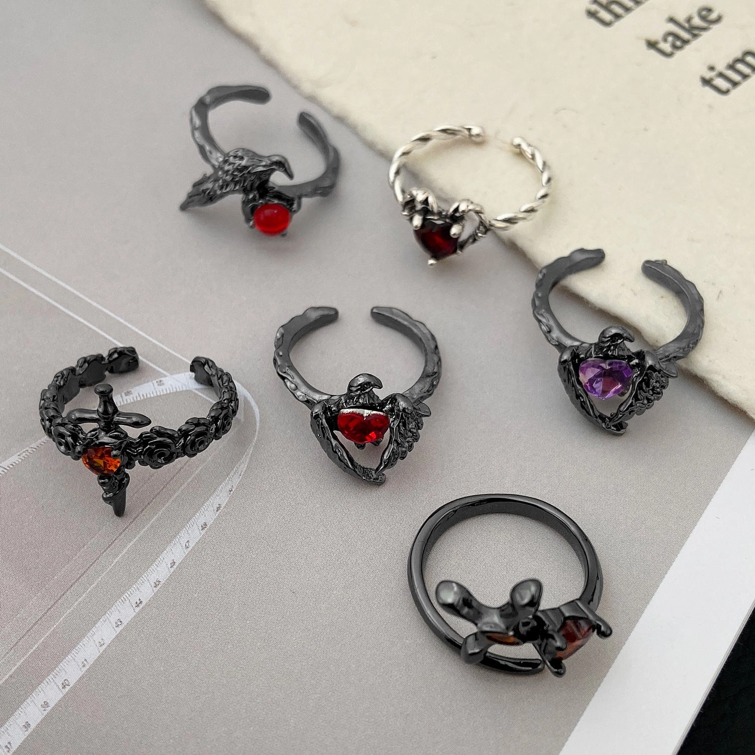 Wholesale Punk dark personality red diamond open stacking ring for men