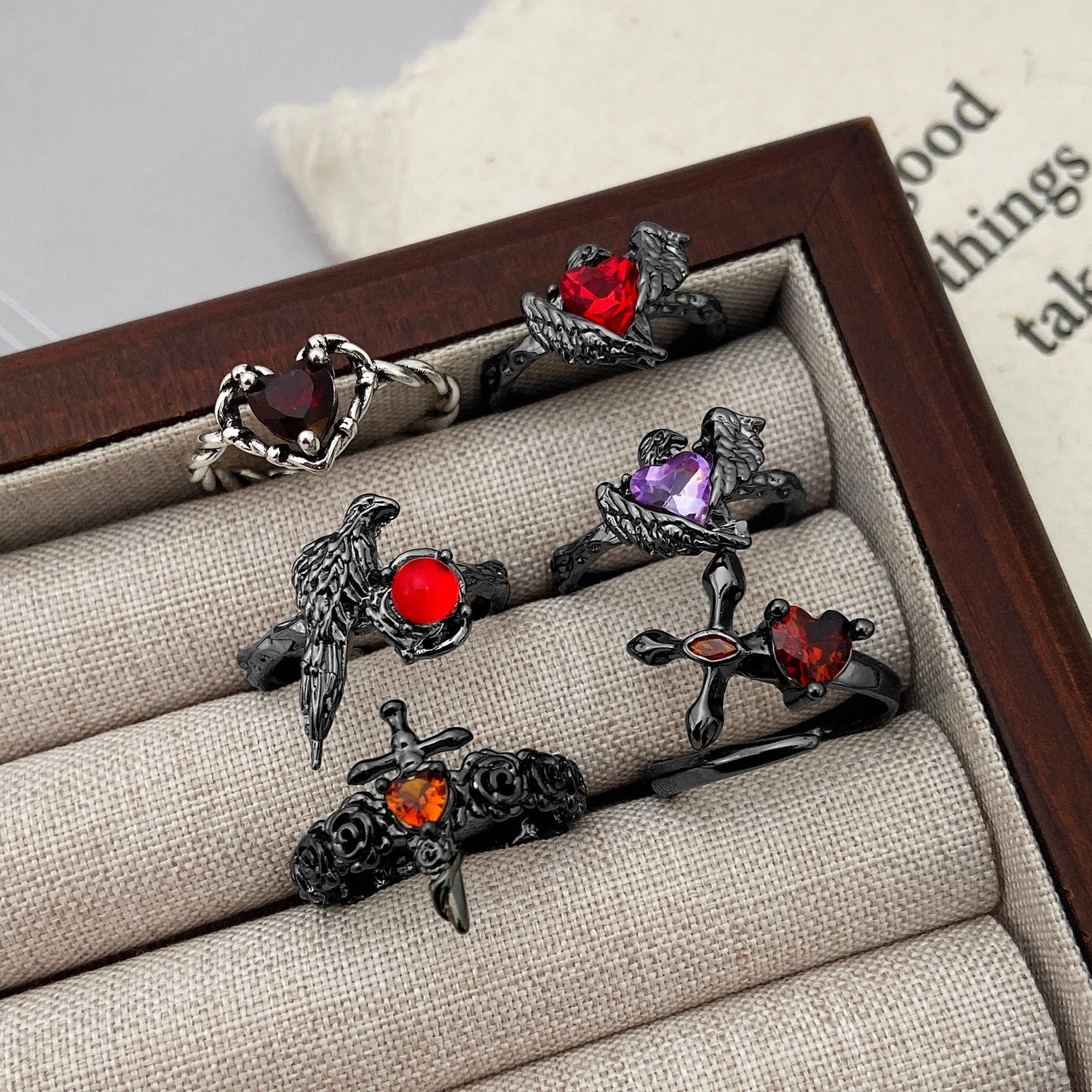 Wholesale Punk dark personality red diamond open stacking ring for men