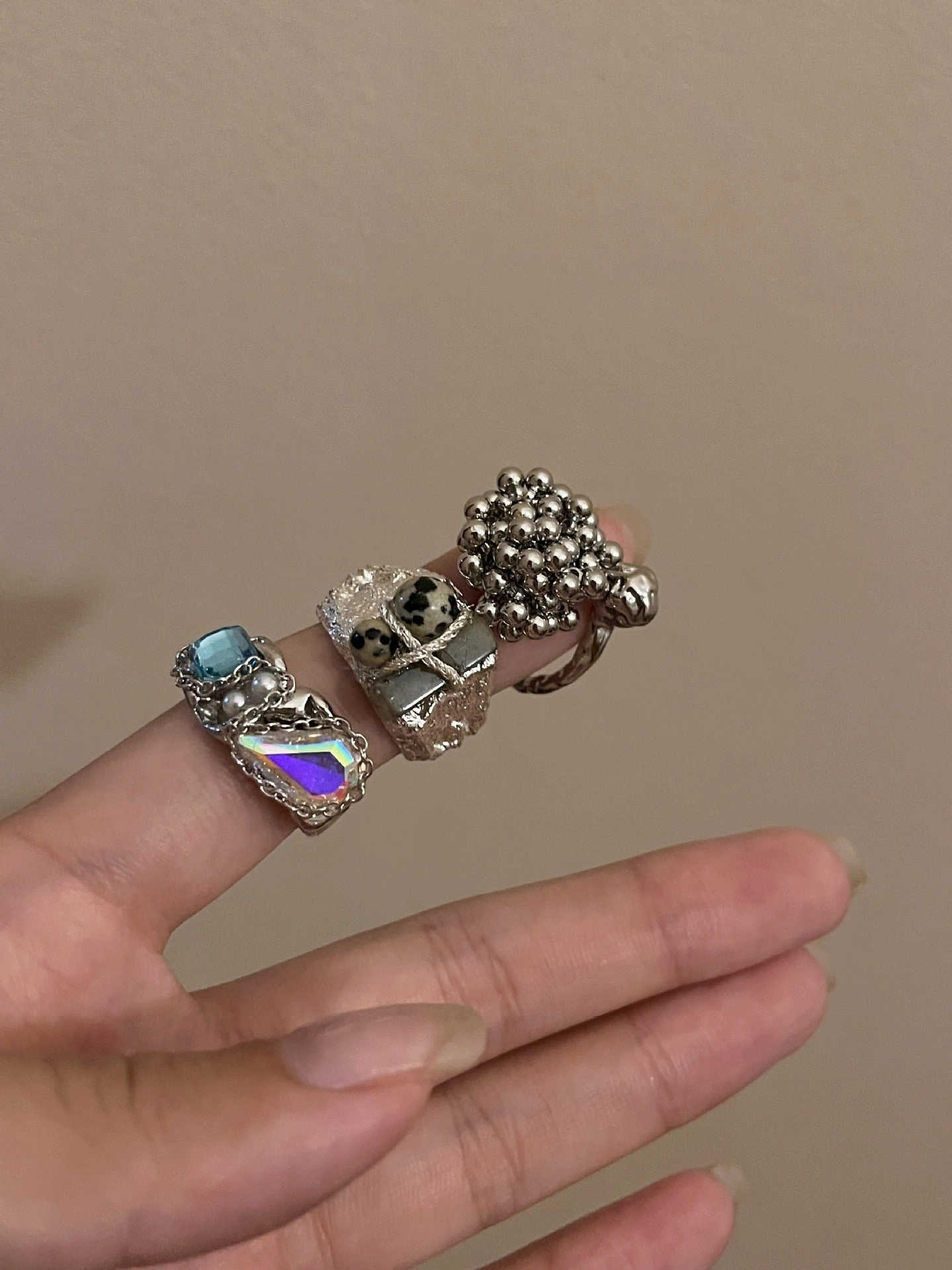 Wholesale Punk style metal texture retro blue crystal inlaid open ring