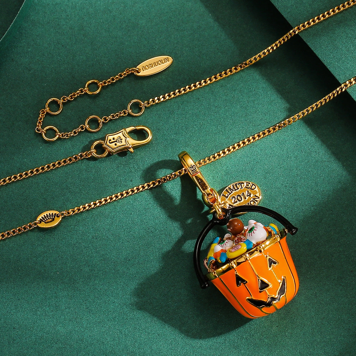 Wholesale Qingdao Foreign Trade Jewelry Halloween Pendant Enamel Glaze Funny Eyes Candy Orange Pumpkin Bucket Pendant Necklace