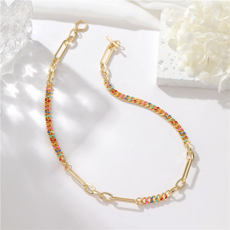 Wholesale Rainbow Cuban Chain Stitching Gold Plated Necklace Clavicle Chain