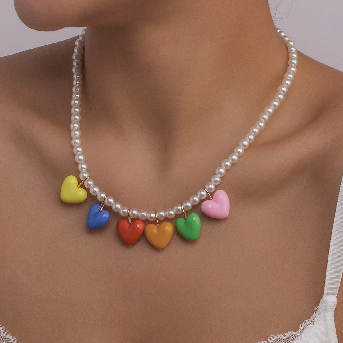 Wholesale Rainbow Pearl Resin Love Sweet Cool Necklace