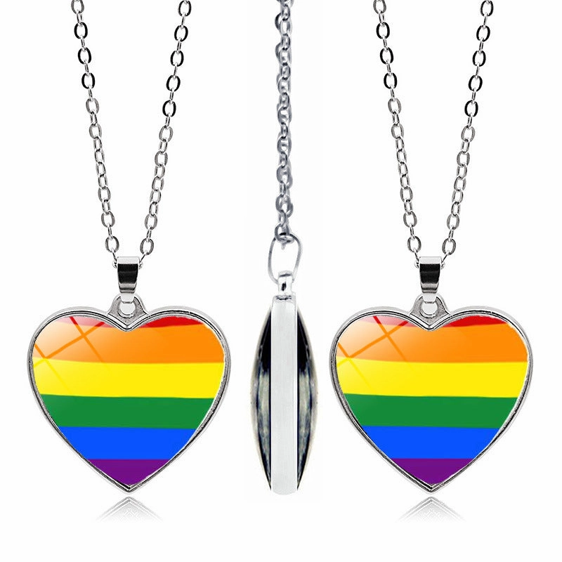 Wholesale Rainbow Time Gem Peach Heart Double Sided Pendant Alloy Necklaces