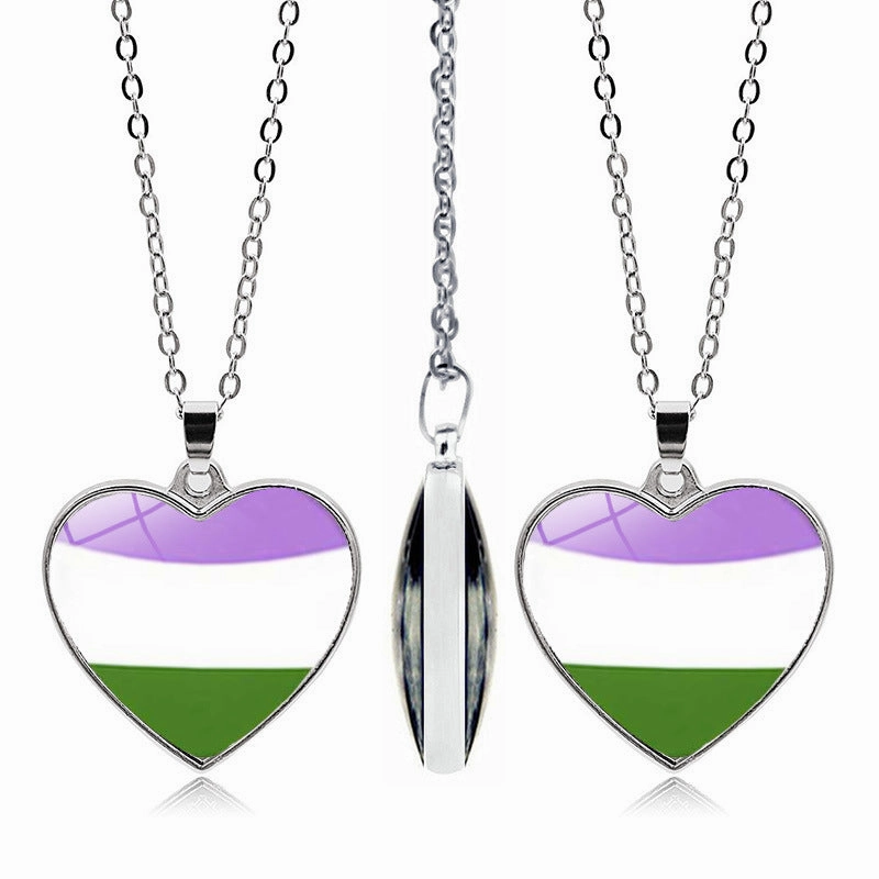 Wholesale Rainbow Time Gem Peach Heart Double Sided Pendant Alloy Necklaces