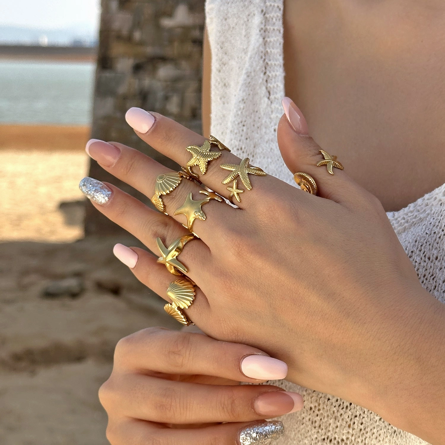 Wholesale Real gold electroplated non-fading butterfly shell starfish versatile ring