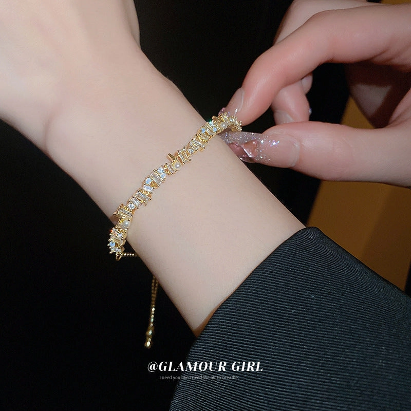 Wholesale Real Gold Electroplated Pearl Inlaid Diamond Zircon Stitching Bracelet