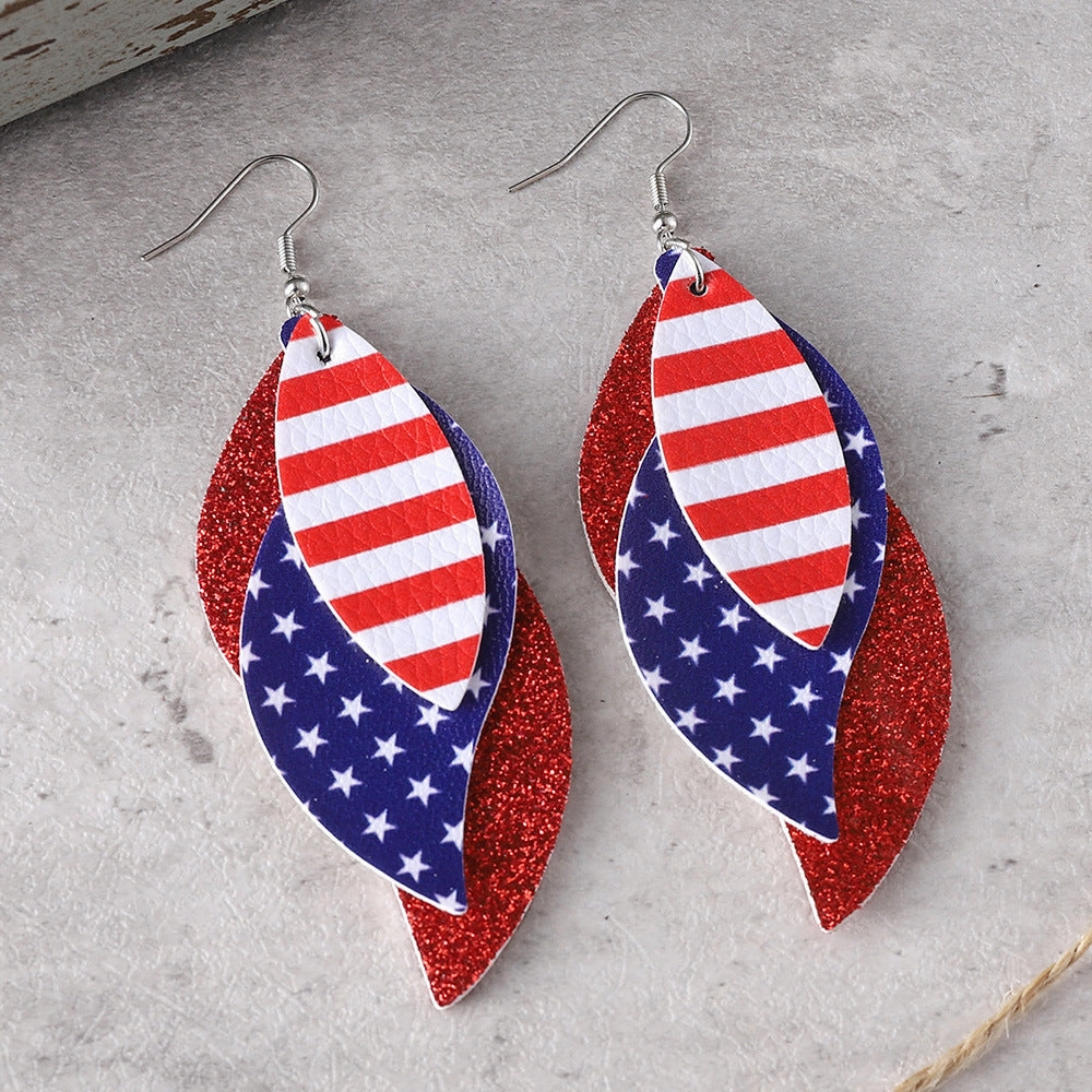 Wholesale Red Blue White Stars Striped Sequin Triple Blade Pendant Leather PU Double Sided Earrings
