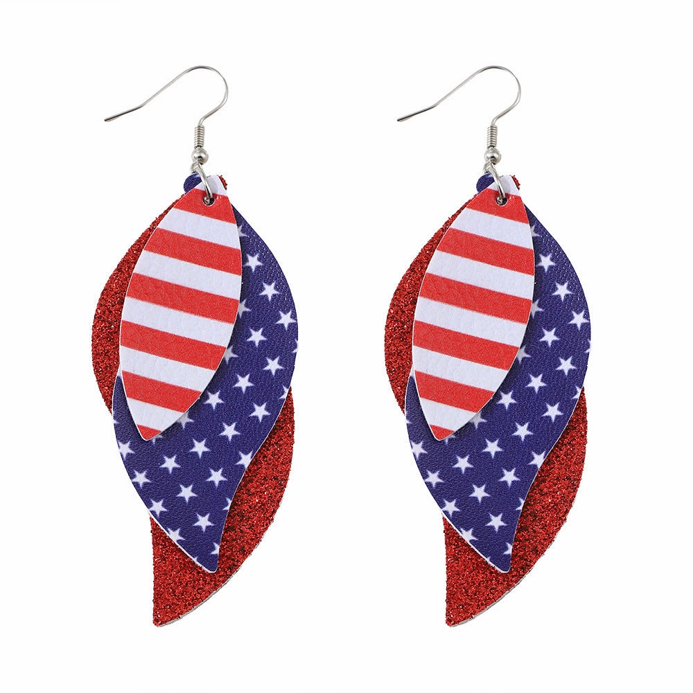 Wholesale Red Blue White Stars Striped Sequin Triple Blade Pendant Leather PU Double Sided Earrings