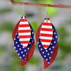 Wholesale Red Blue White Stars Striped Sequin Triple Blade Pendant Leather PU Double Sided Earrings