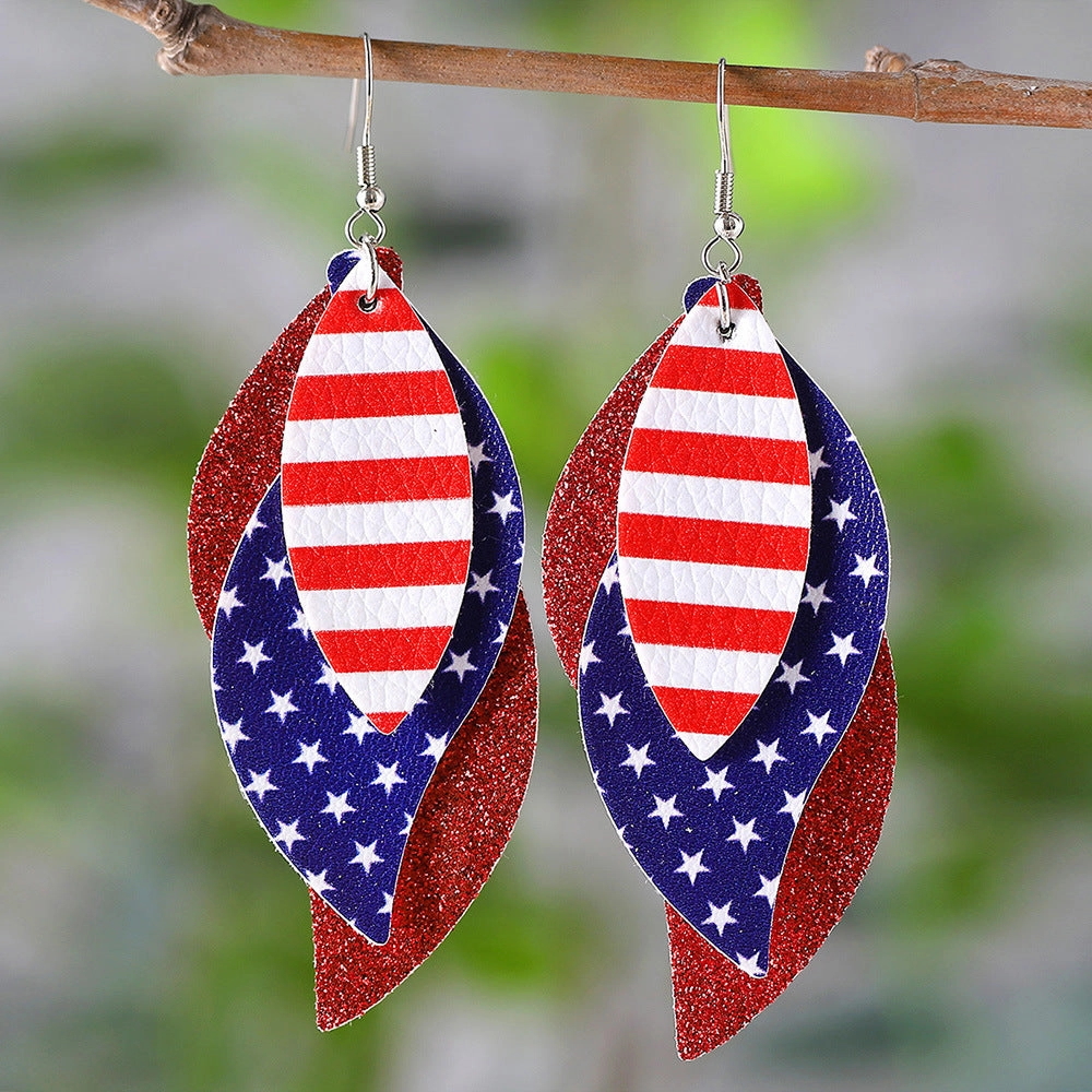 Wholesale Red Blue White Stars Striped Sequin Triple Blade Pendant Leather PU Double Sided Earrings