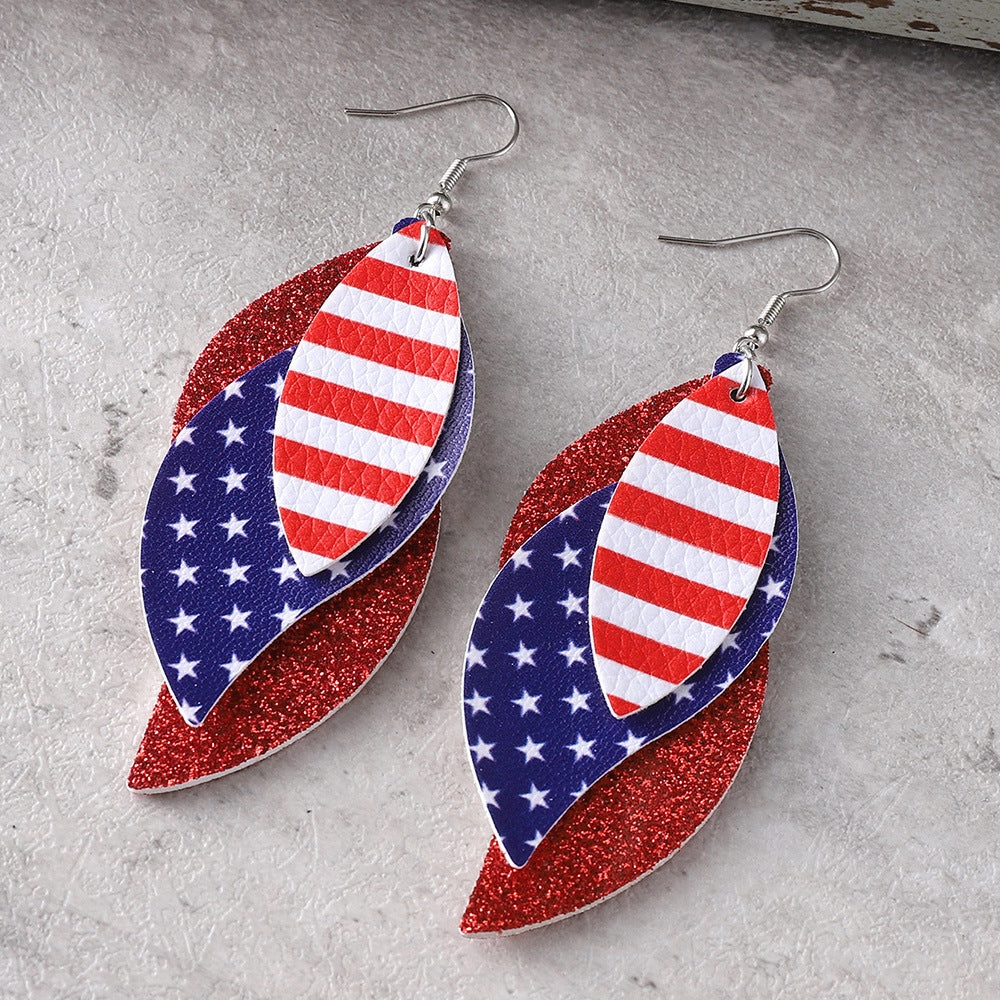 Wholesale Red Blue White Stars Striped Sequin Triple Blade Pendant Leather PU Double Sided Earrings