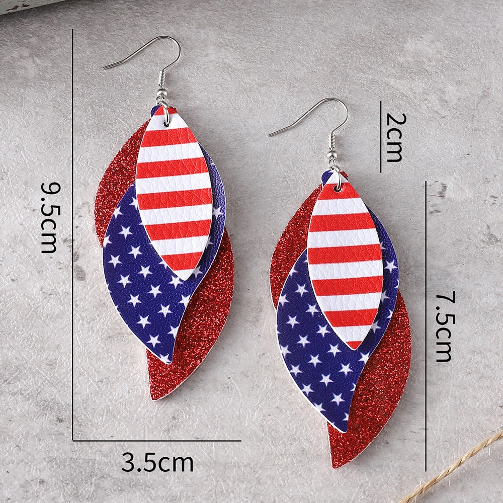 Wholesale Red Blue White Stars Striped Sequin Triple Blade Pendant Leather PU Double Sided Earrings