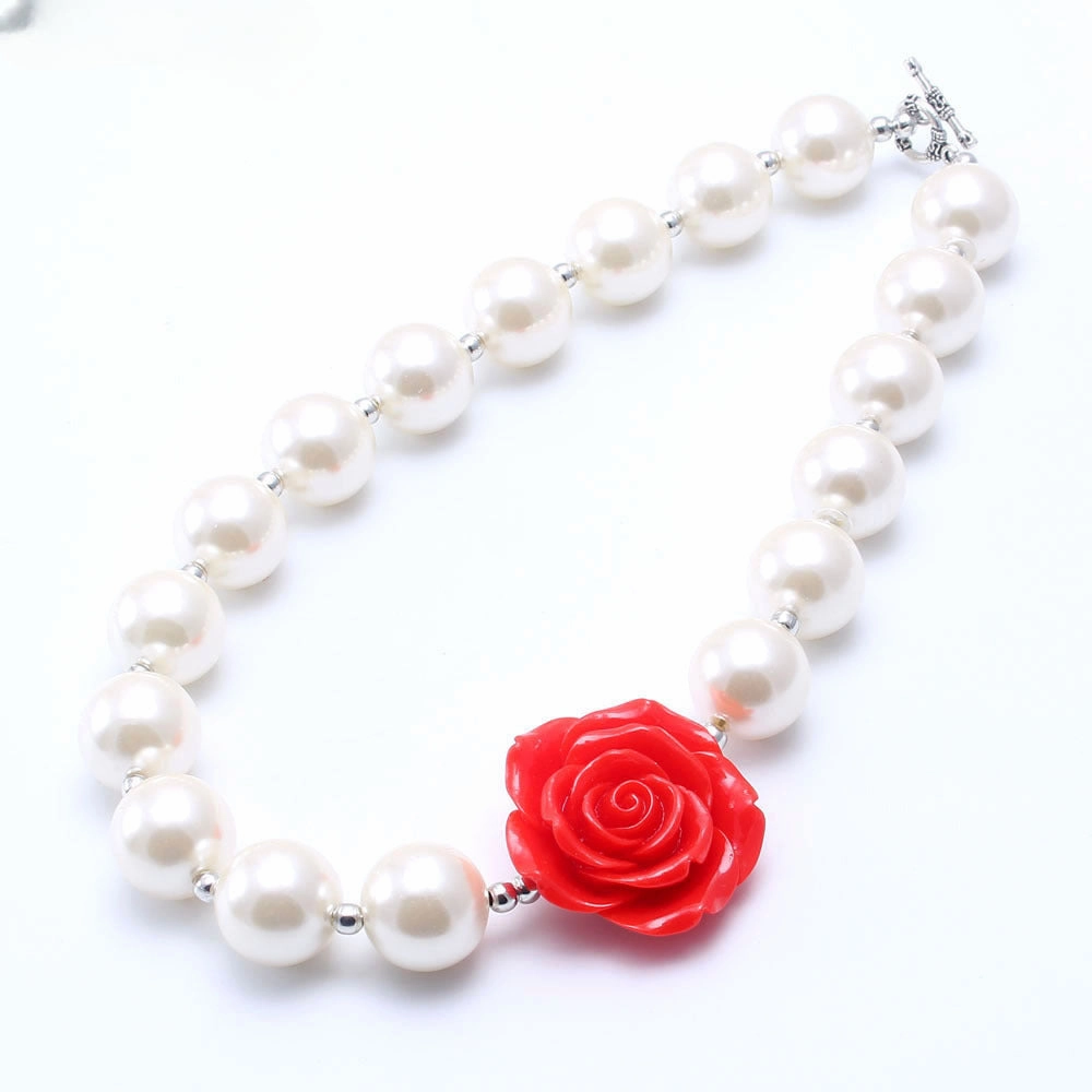 Wholesale Red Flower Beige Pearl Children's Beaded Necklace