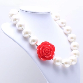 Wholesale Red Flower Beige Pearl Children's Beaded Necklace