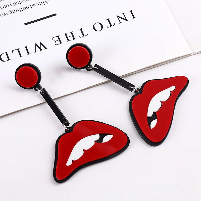 Wholesale Red Lip Biting Long Acrylic Earrings